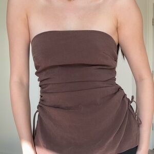 Zara Chocolate Brown Strapless Ruched Tie-Side Top